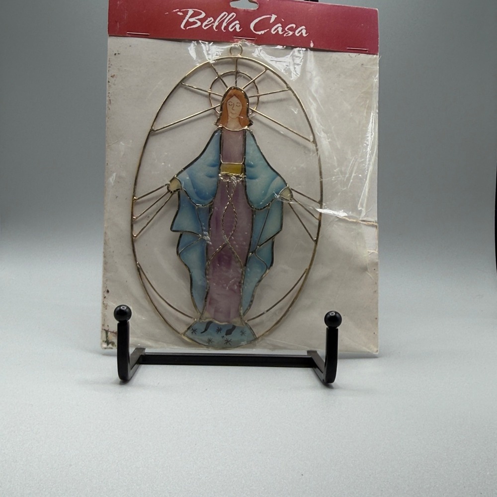 Bella Casa Virgin Mary Suncatcher Religious Stained Glass Blue Purple Gold Oval